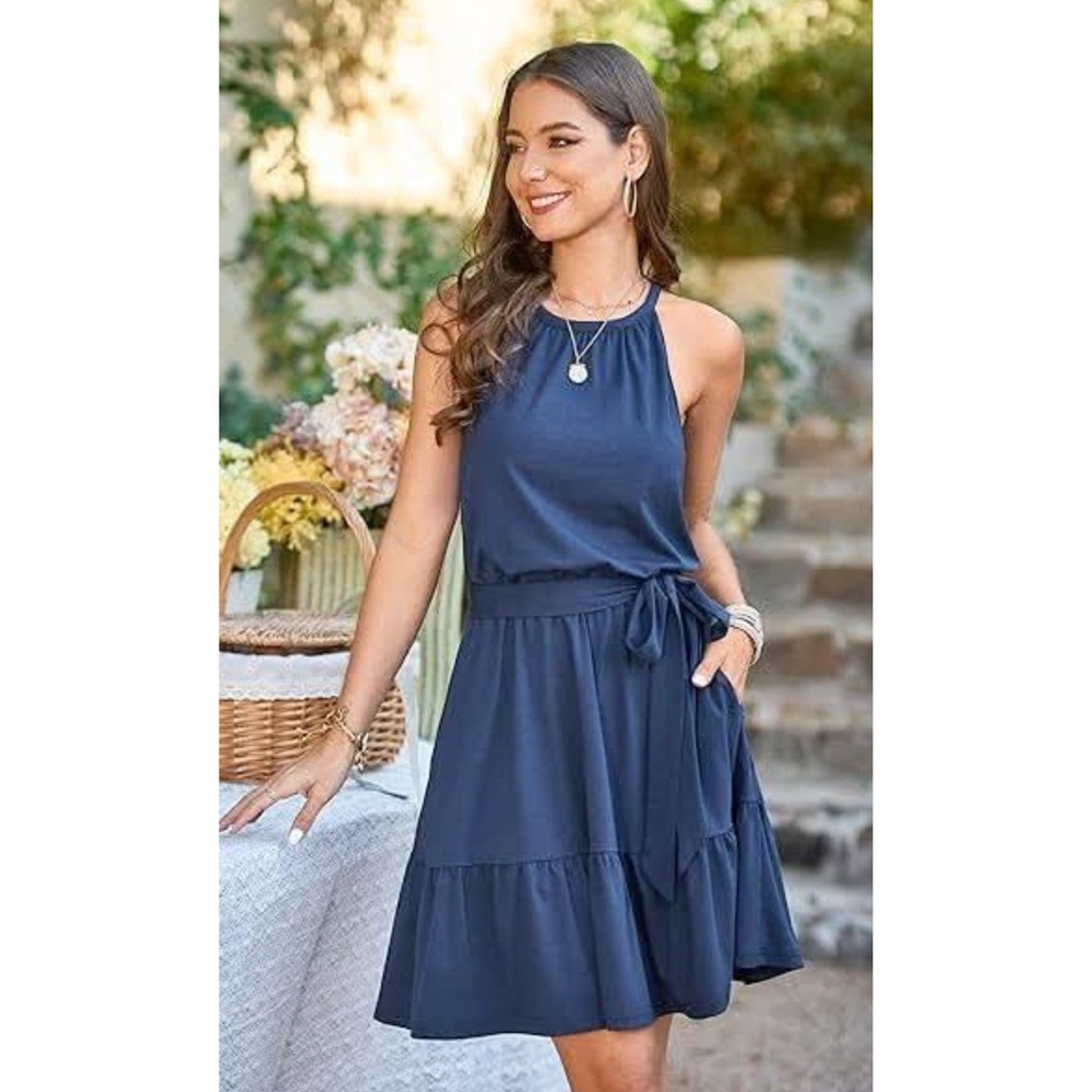 Halter Neck Midi Dress Womens L Navy Blue Tiered Ruffle Cottage Nautical‎ Beachy